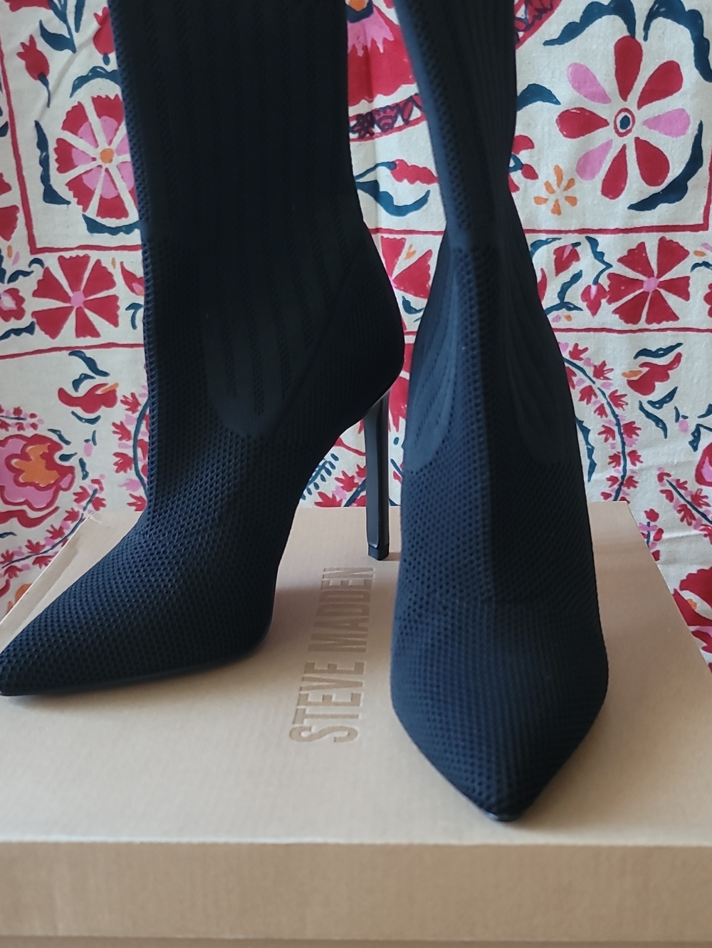 Steve Madden Discreet Black Pointed Knit Stiletto Boots